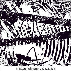 Distressed background in black and white texture with  dark spots, scratches and lines. Abstract vector illustration