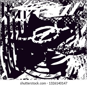 Distressed background in black and white texture with  dark spots, scratches and lines. Abstract vector illustration