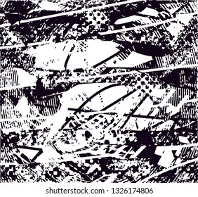 Distressed background in black and white texture with  dark spots, scratches and lines. Abstract vector illustration