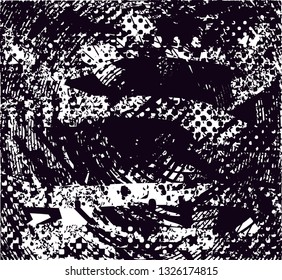Distressed background in black and white texture with  dark spots, scratches and lines. Abstract vector illustration