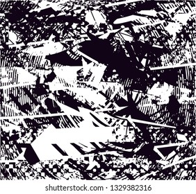 Distressed background in black and white texture with  dark spots, nets,scratches and lines. Abstract illustration