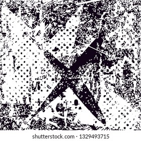 Distressed background in black and white texture with  X, dark spots, scratches and lines. Abstract vector illustration