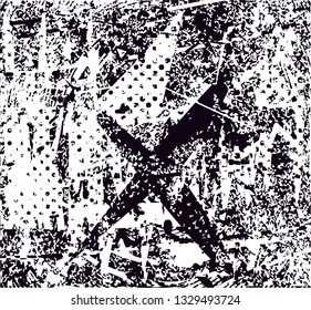 Distressed background in black and white texture with  X, dark spots, scratches and lines. Abstract vector illustration