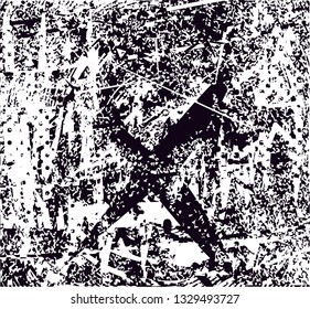Distressed background in black and white texture with  X, dark spots, scratches and lines. Abstract vector illustration
