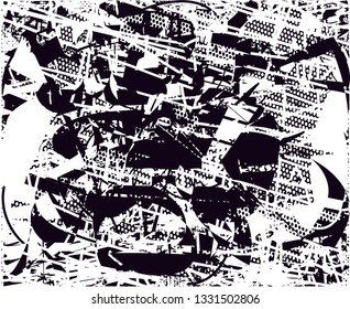 Distressed background in black and white texture with  dark spots, nets,scratches and lines. Abstract vector illustration