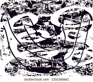 Distressed background in black and white texture with  dark spots, scratches and lines. Abstract vector illustration