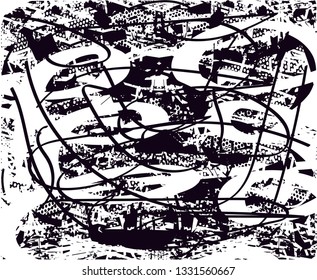 Distressed background in black and white texture with  dark spots, scratches and lines. Abstract vector illustration