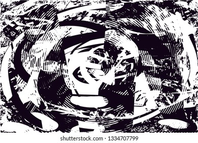 Distressed background in black and white texture with circles, spots, scratches and lines. Abstract vector illustration