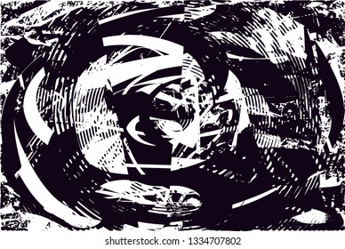 Distressed background in black and white texture with circles, spots, scratches and lines. Abstract vector illustration