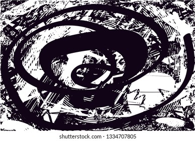 Distressed background in black and white texture with circles, spots, scratches and lines. Abstract vector illustration
