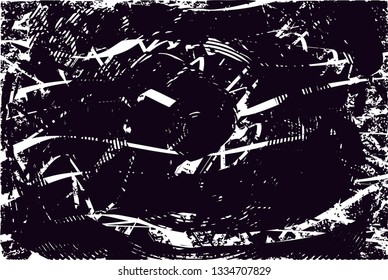 Distressed background in black and white texture with circles, spots, scratches and lines. Abstract vector illustration