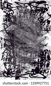 Distressed background in black and white texture with  dark spots, nets, scratches and lines. Abstract vector illustration