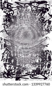 Distressed background in black and white texture with  dark spots, nets, scratches and lines. Abstract vector illustration