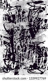 Distressed background in black and white texture with  dark spots, nets, scratches and lines. Abstract vector illustration