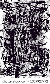 Distressed background in black and white texture with  dark spots, nets, scratches and lines. Abstract vector illustration