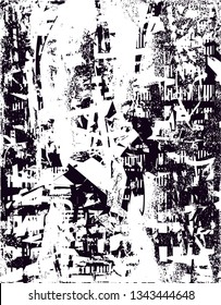 Distressed background in black and white texture with  dark spots, nets, scratches and lines. Abstract vector illustration