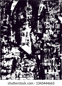 Distressed background in black and white texture with  dark spots, nets, scratches and lines. Abstract vector illustration