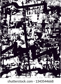 Distressed background in black and white texture with  dark spots, nets, scratches and lines. Abstract vector illustration