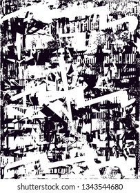 Distressed background in black and white texture with  dark spots, nets, scratches and lines. Abstract vector illustration