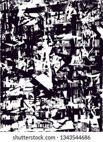 Distressed background in black and white texture with  dark spots, nets, scratches and lines. Abstract vector illustration