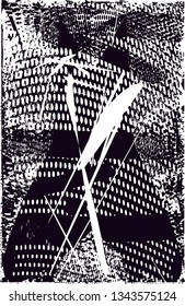 Distressed background in black and white texture with  dark spots, nets, scratches and lines. Abstract vector illustration