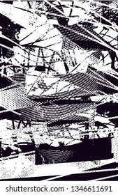 Distressed background in black and white texture with  dark spots, nets, scratches and lines. Abstract vector illustration