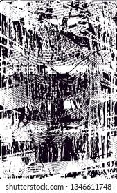 Distressed background in black and white texture with  dark spots, nets, scratches and lines. Abstract vector illustration