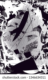 Distressed background in black and white texture with  dark spots, nets, scratches and lines. Abstract vector illustration
