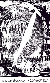 Distressed background in black and white texture with  dark spots, nets, scratches and lines. Abstract vector illustration
