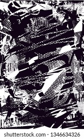 Distressed background in black and white texture with  dark spots, nets, scratches and lines. Abstract vector illustration
