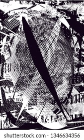 Distressed background in black and white texture with  dark spots, nets, scratches and lines. Abstract vector illustration