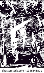 Distressed background in black and white texture with  dark spots, nets, scratches and lines. Abstract vector illustration