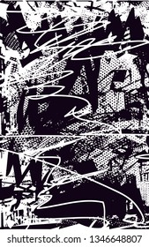Distressed background in black and white texture with  dark spots, nets, scratches and lines. Abstract vector illustration