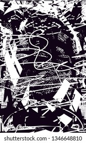 Distressed background in black and white texture with  dark spots, nets, scratches and lines. Abstract vector illustration