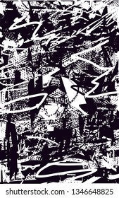 Distressed background in black and white texture with  dark spots, nets, scratches and lines. Abstract vector illustration