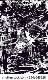 Distressed background in black and white texture with  dark spots, nets, scratches and lines. Abstract vector illustration