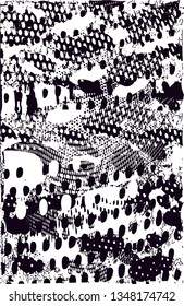 Distressed background in black and white texture with dots, spots, scratches and lines. Abstract vector illustration