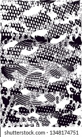 Distressed background in black and white texture with dots, spots, scratches and lines. Abstract vector illustration