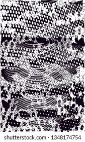 Distressed background in black and white texture with dots, spots, scratches and lines. Abstract vector illustration