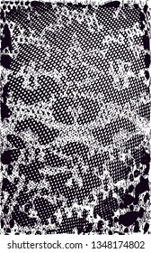 Distressed background in black and white texture with dots, spots, scratches and lines. Abstract vector illustration