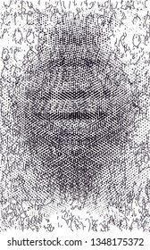 Distressed background in black and white texture with dots, spots, scratches and lines. Abstract vector illustration