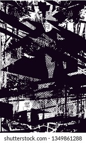 Distressed background in black and white texture with dots, spots, scratches and lines. Abstract vector illustration