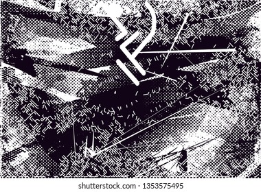Distressed background in black and white texture with  dark spots, nets,scratches and lines. Abstract vector illustration