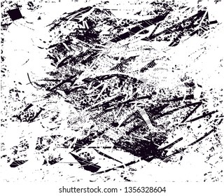 Distressed background in black and white texture with dots, spots, scratches and lines. Abstract vector illustration