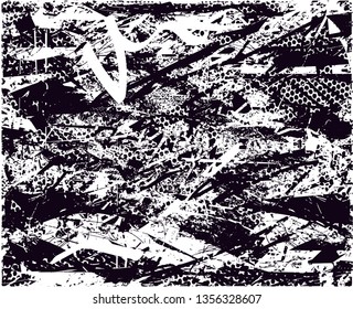 Distressed background in black and white texture with dots, spots, scratches and lines. Abstract vector illustration