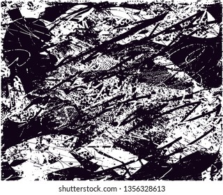 Distressed background in black and white texture with dots, spots, scratches and lines. Abstract vector illustration