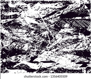 Distressed background in black and white texture with dots, spots, scratches and lines. Abstract vector illustration