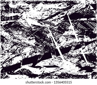 Distressed background in black and white texture with dots, spots, scratches and lines. Abstract vector illustration