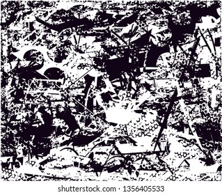 Distressed background in black and white texture with dots, spots, scratches and lines. Abstract vector illustration