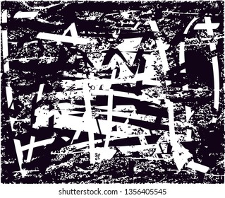 Distressed background in black and white texture with dots, spots, scratches and lines. Abstract vector illustration